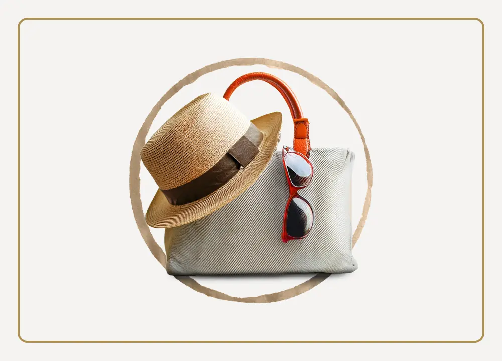 A bag with a hat and sunglasses on it