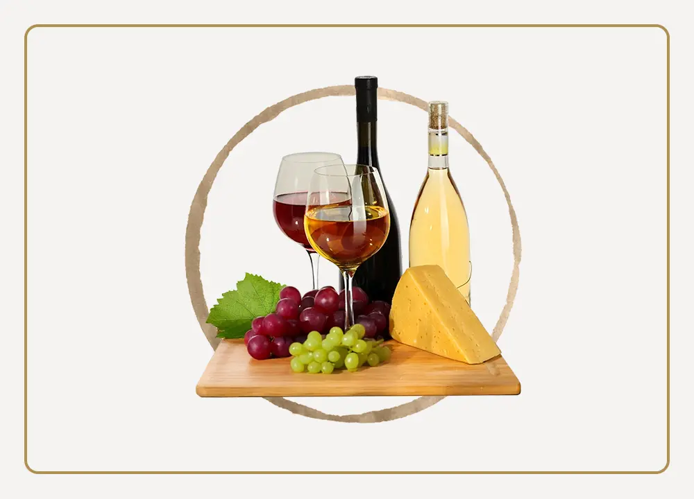 A board with wine, cheese and grapes